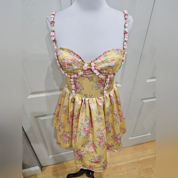 Dolls Kill Sugar Thrillz Yellow Floral Princess Party Mini Dress S - Picture 14 of 14